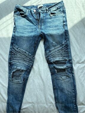 Zara Men's Blue Distressed Biker Jeans